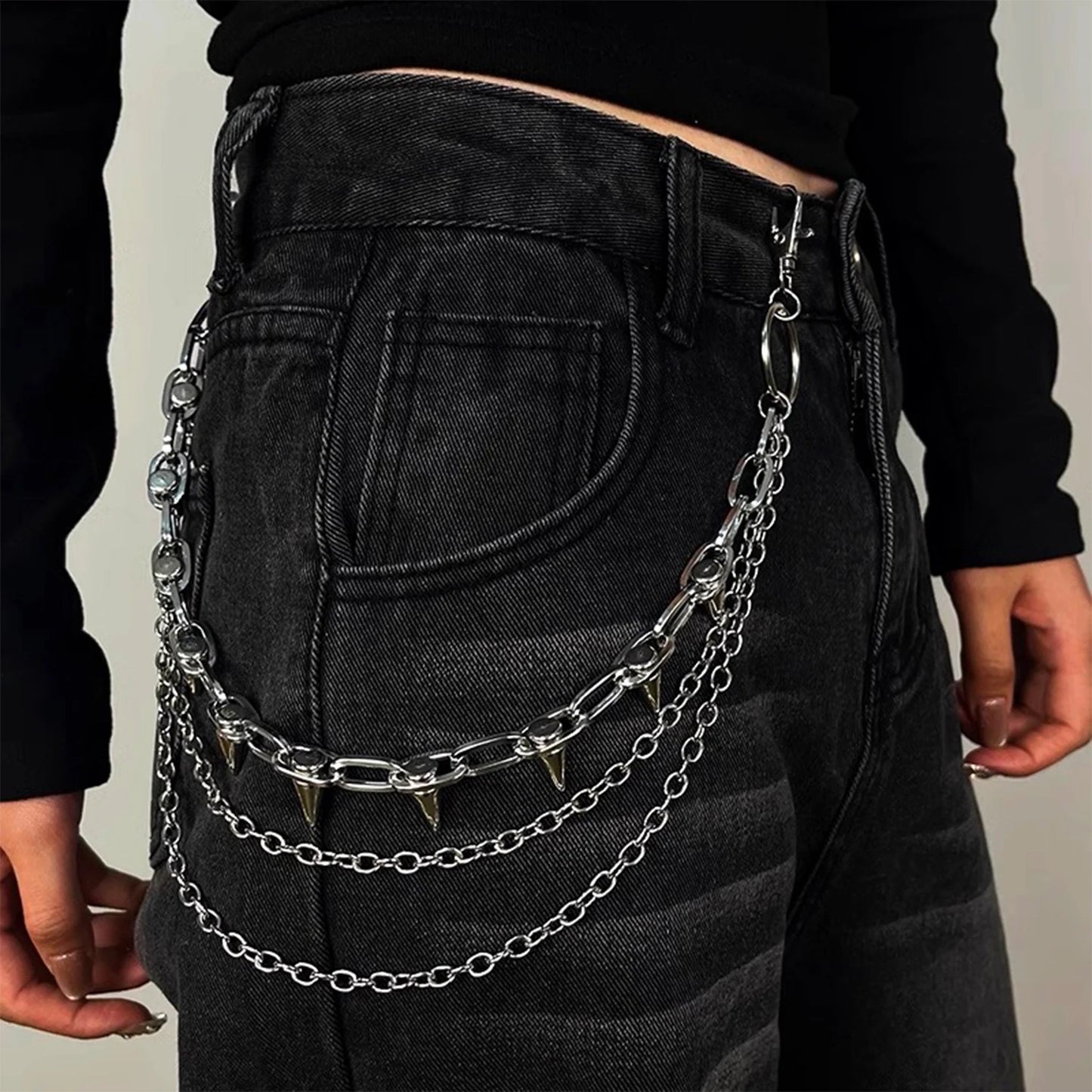 Silver Punk Double-Layer Waist Chain Rivet Decorations Adjustable Length Metal Belt for Women Men Street Style Belts Pants Chain