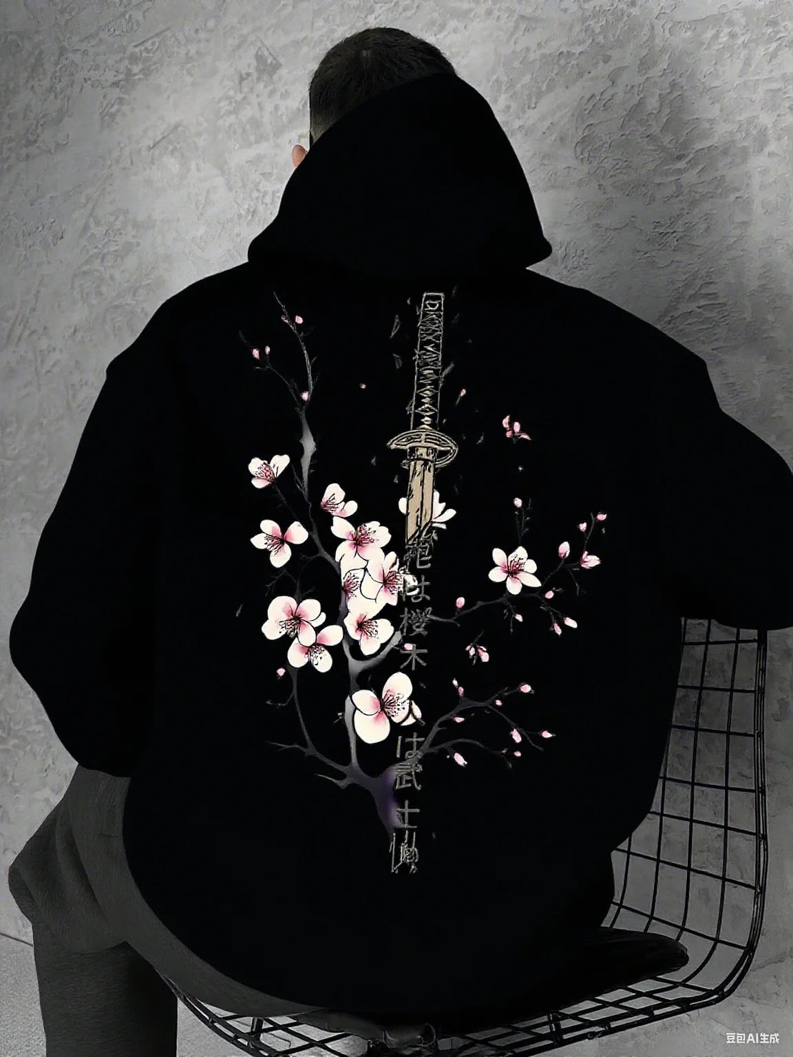 Men's Casual  Fit Japanese Sakura Scabbard Graphic Print Hoodie
