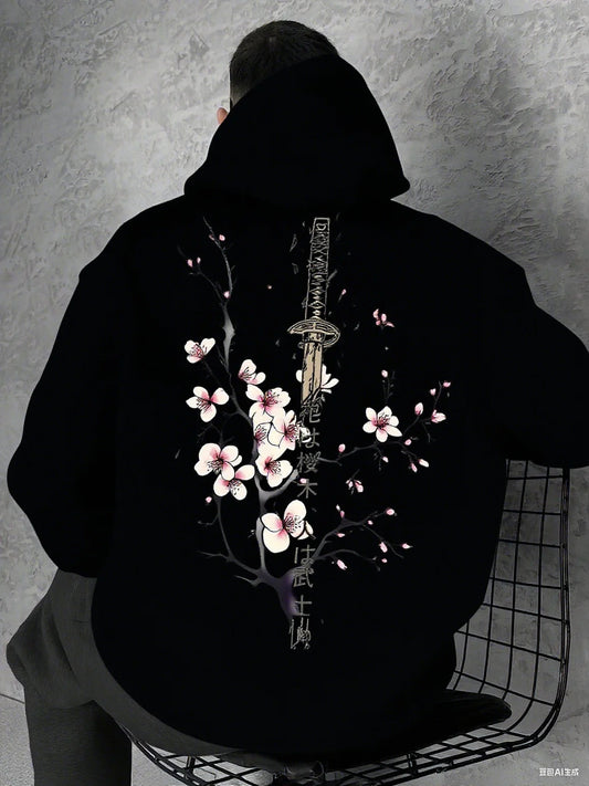 Men's Casual  Fit Japanese Sakura Scabbard Graphic Print Hoodie