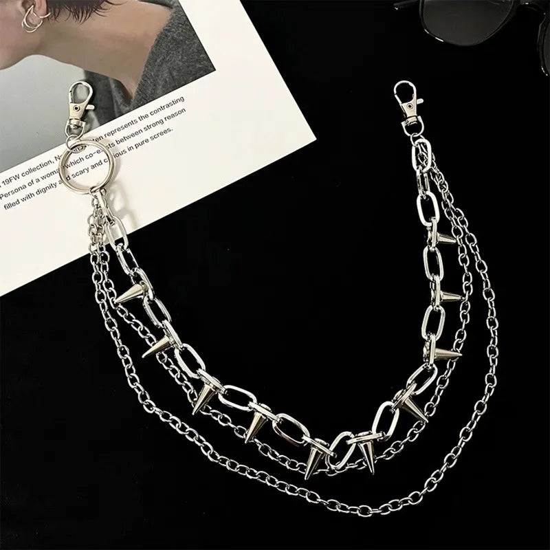 Silver Punk Double-Layer Waist Chain Rivet Decorations Adjustable Length Metal Belt for Women Men Street Style Belts Pants Chain