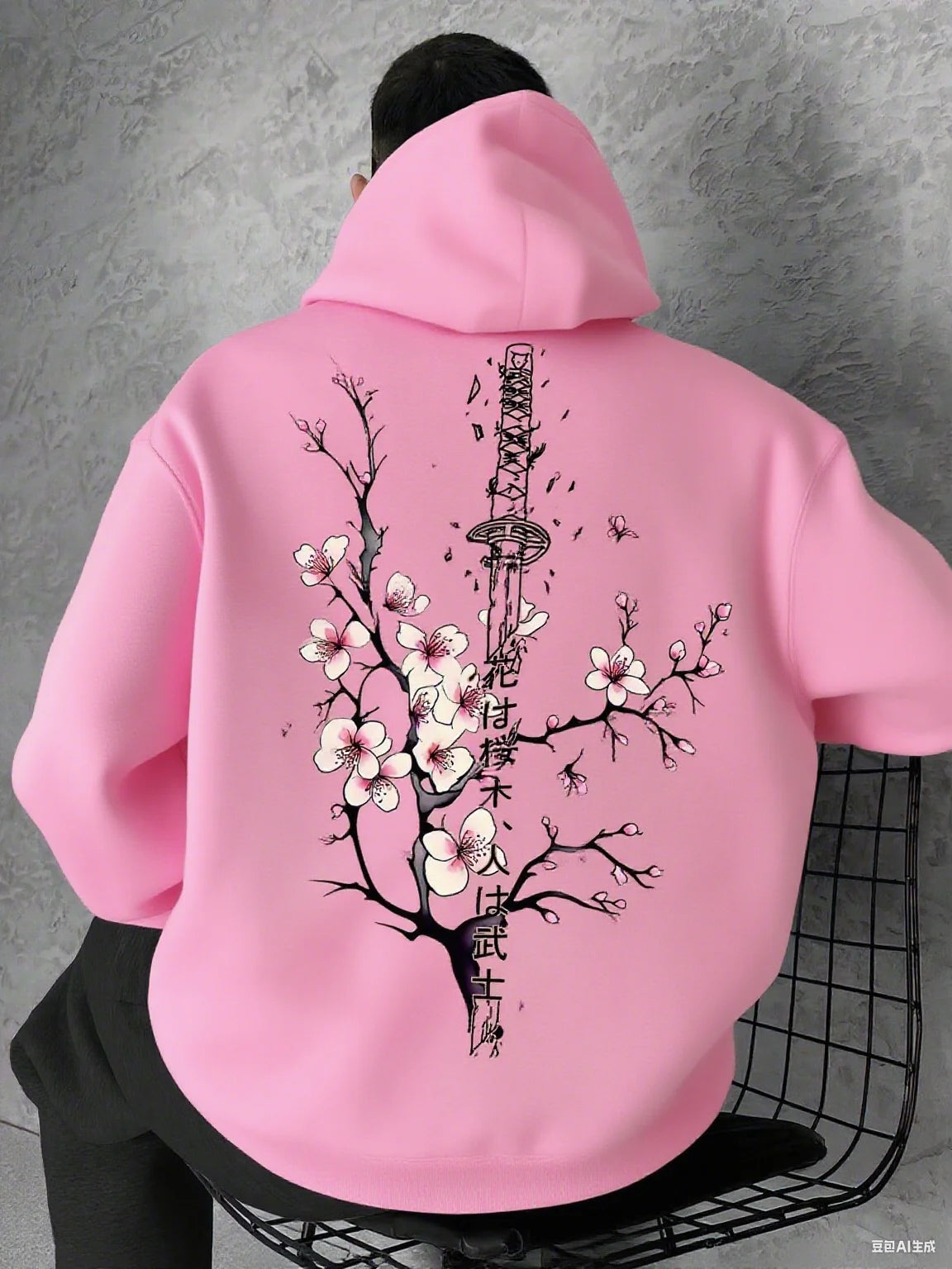 Men's Casual  Fit Japanese Sakura Scabbard Graphic Print Hoodie