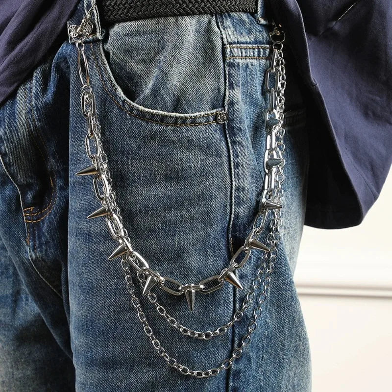 Silver Punk Double-Layer Waist Chain Rivet Decorations Adjustable Length Metal Belt for Women Men Street Style Belts Pants Chain