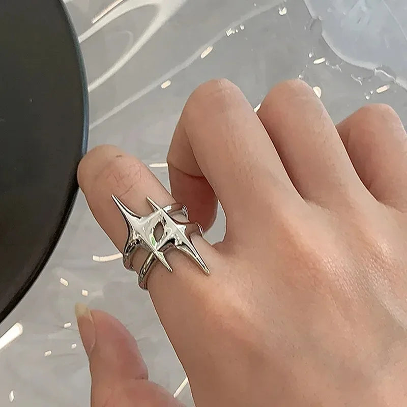 Simple Irregular Silver Star Open Ring for Women Men Punk Gothic Sliver Color Adjustable Couple Rings Y2K Egirl Jewelry Gift