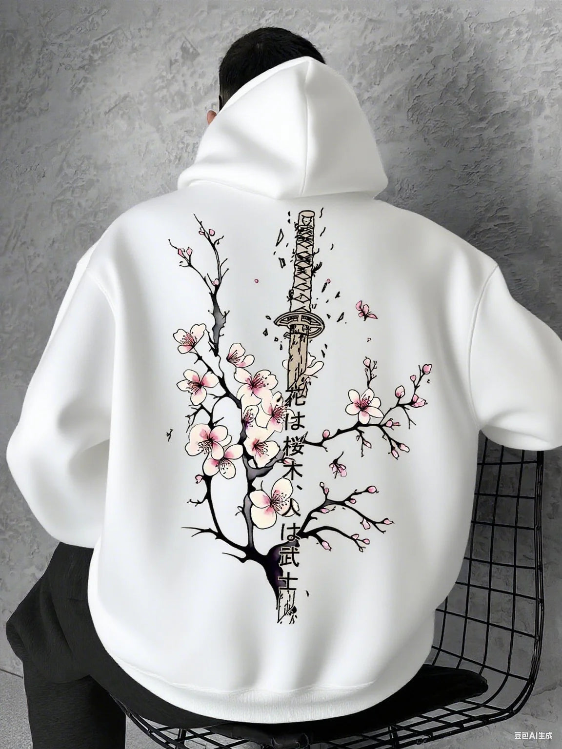 Men's Casual  Fit Japanese Sakura Scabbard Graphic Print Hoodie