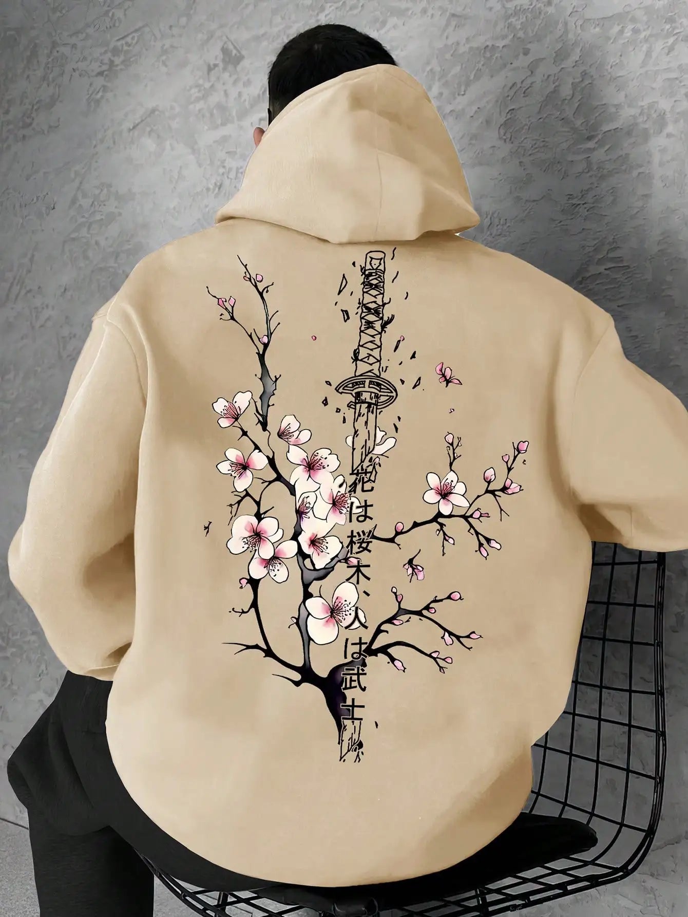 Men's Casual  Fit Japanese Sakura Scabbard Graphic Print Hoodie