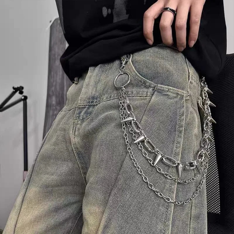 Silver Punk Double-Layer Waist Chain Rivet Decorations Adjustable Length Metal Belt for Women Men Street Style Belts Pants Chain