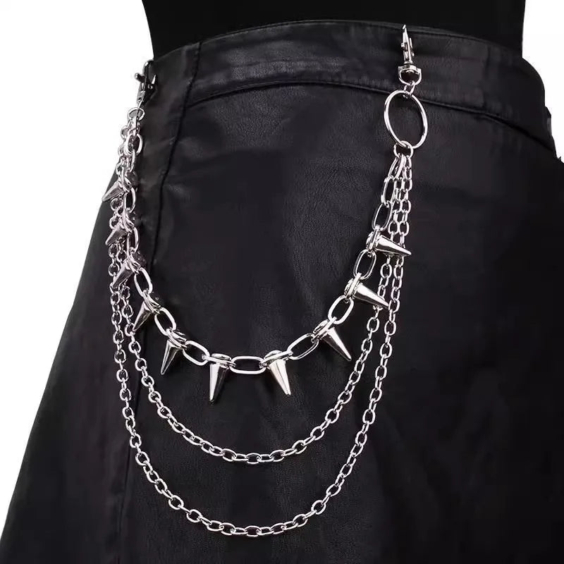 Silver Punk Double-Layer Waist Chain Rivet Decorations Adjustable Length Metal Belt for Women Men Street Style Belts Pants Chain