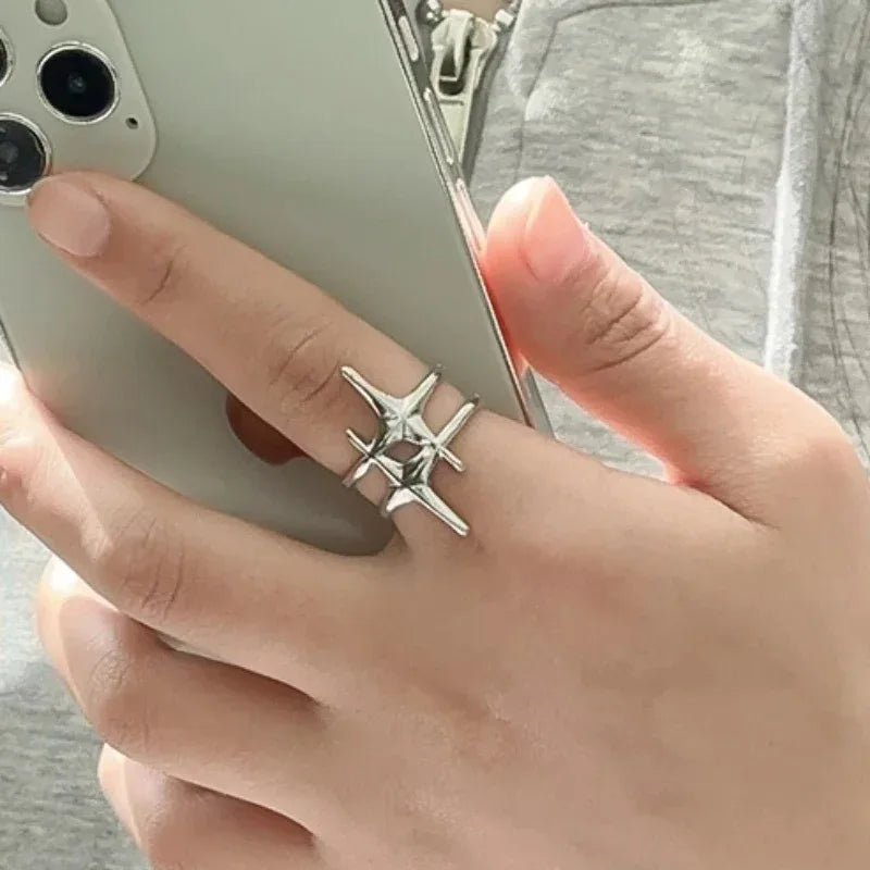 Simple Irregular Silver Star Open Ring for Women Men Punk Gothic Sliver Color Adjustable Couple Rings Y2K Egirl Jewelry Gift