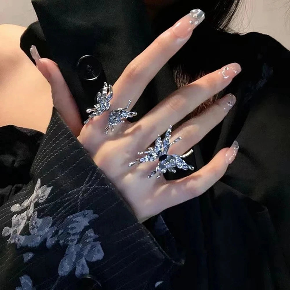 Trendy Punk Irregular Butterfly Rings For Women Metal Liquid Dissolved Aesthetic Egirl Gothic Insect Open Rings Jewelry