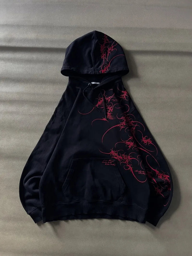 Punk Retro Personality Striped Print Fashion Oversized Sweatshirt Men American Harajuku Y2K Casual Loose Black Hoodie Women