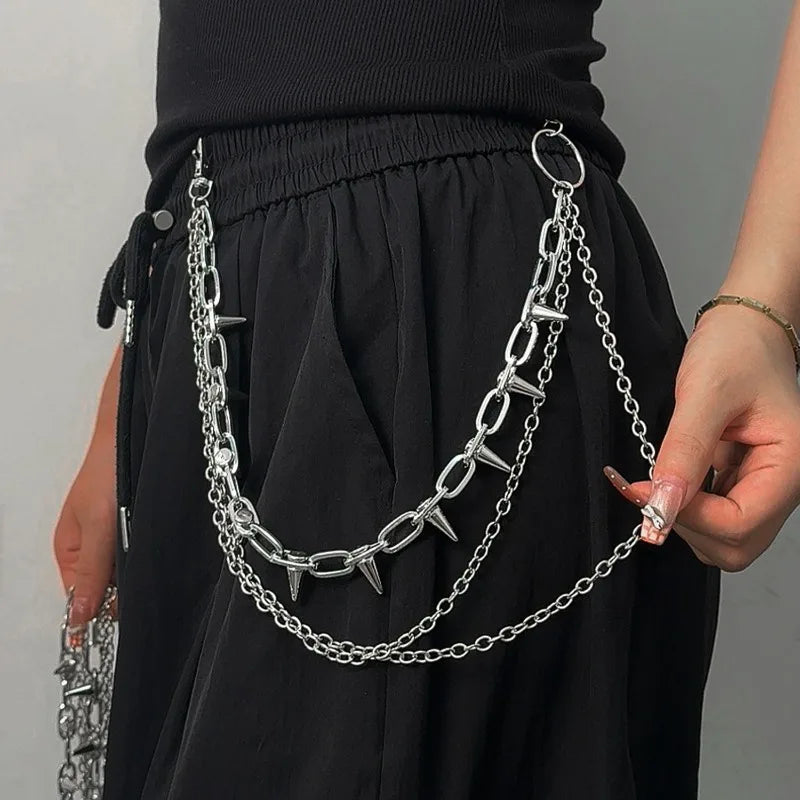 Silver Punk Double-Layer Waist Chain Rivet Decorations Adjustable Length Metal Belt for Women Men Street Style Belts Pants Chain